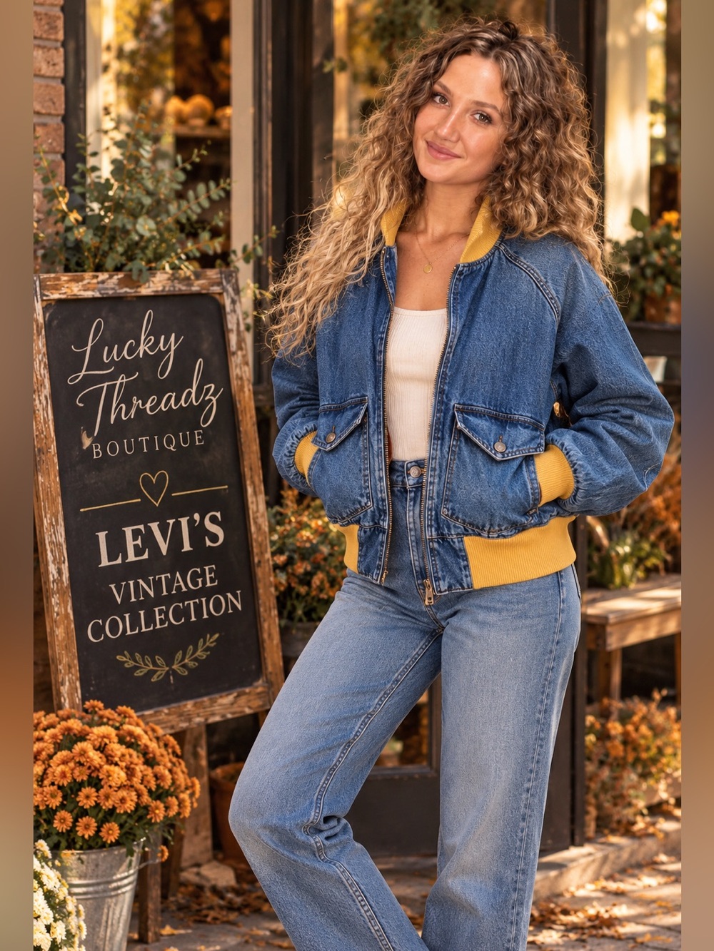 Levi’s Denim Bomber Jacket Womens S Yellow Trim 70s Style